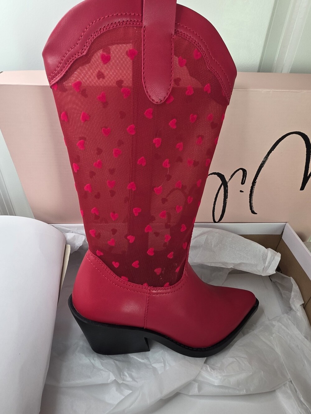 Wild Pair Red Sheer Heart Accent Mid Calf Boots